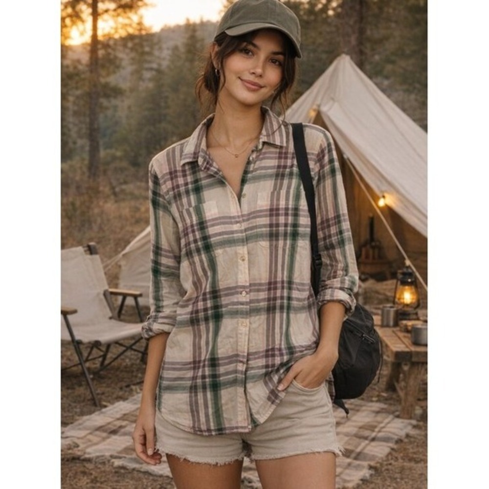 Icebreaker Merino Wool Plaid Button Down Shirt Green Pink Long Sleeve Womens M